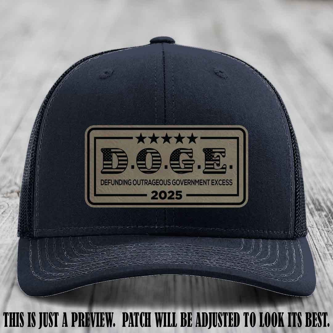 D.O.G.E. 2025 leather patch hat with light brown to black patch on a navy hat