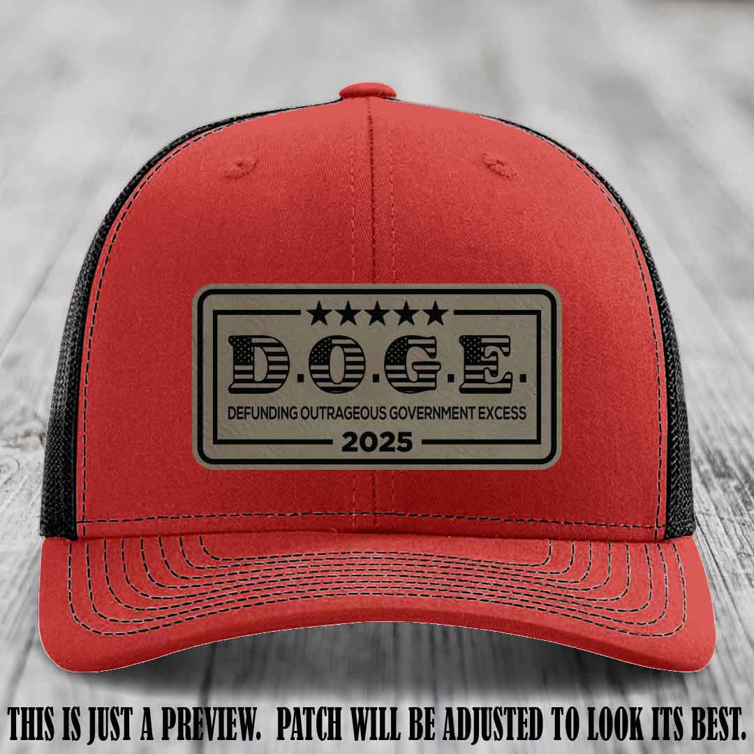 D.O.G.E. 2025 leather patch hat with light brown to black patch on a red to black hat