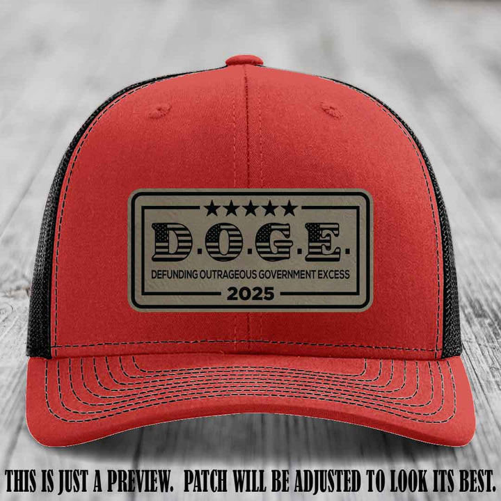 D.O.G.E. 2025 leather patch hat with light brown to black patch on a red to black hat