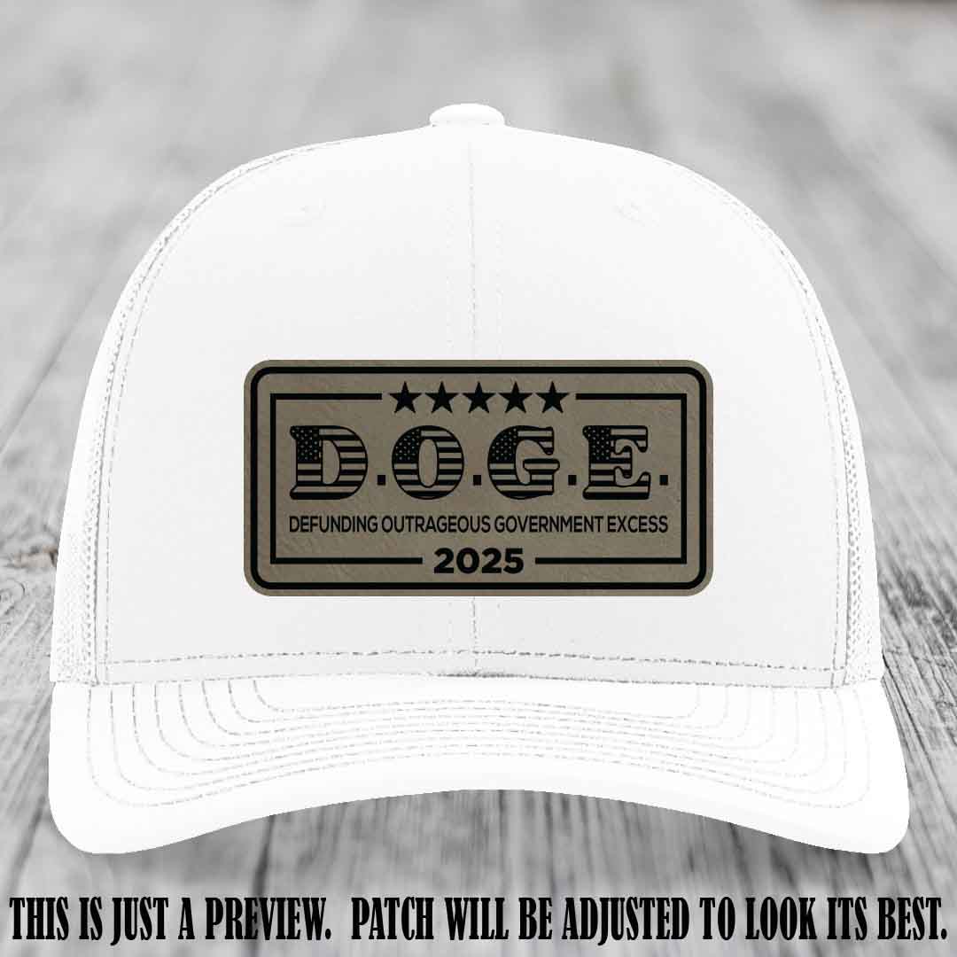 D.O.G.E. 2025 leather patch hat with light brown to black patch on a white hat