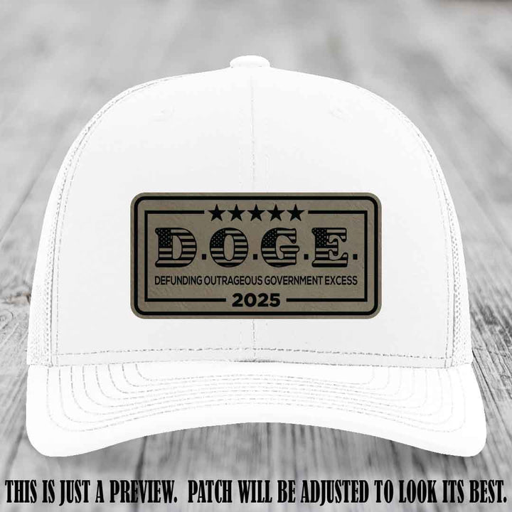 D.O.G.E. 2025 leather patch hat with light brown to black patch on a white hat