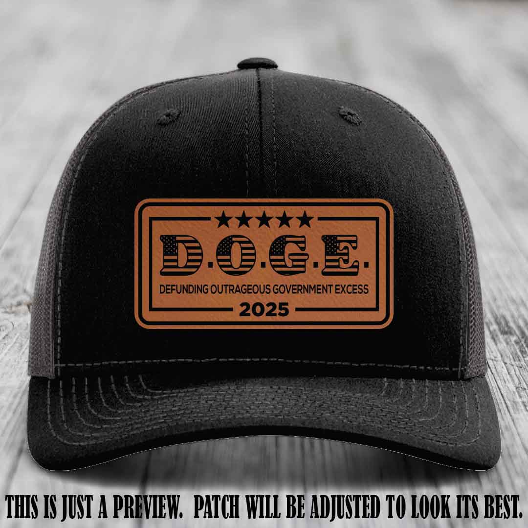 D.O.G.E. 2025 leather patch hat with rawhide to black patch on a black to charcoal hat