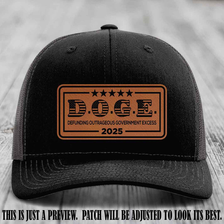 D.O.G.E. 2025 leather patch hat with rawhide to black patch on a black to charcoal hat