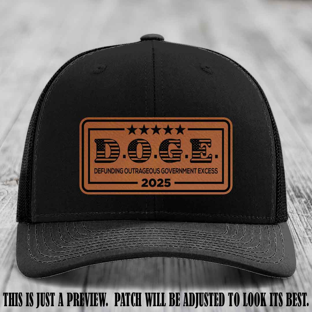 D.O.G.E. 2025 leather patch hat with rawhide to black patch on a black hat