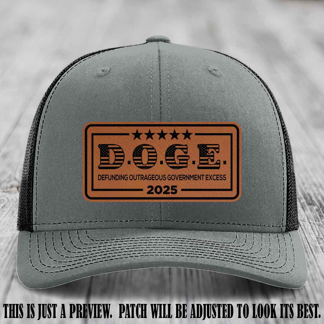 D.O.G.E. 2025 leather patch hat with rawhide to black patch on a heather grey to black hat