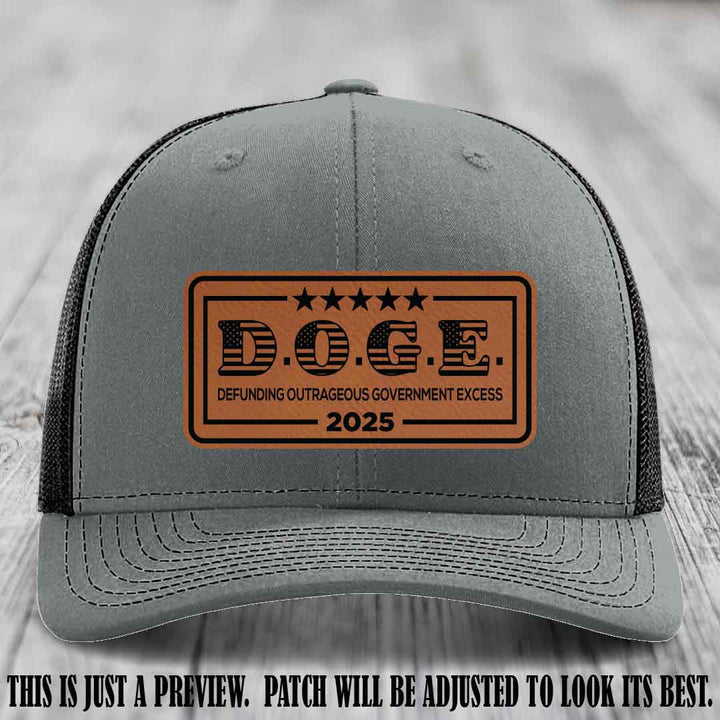 D.O.G.E. 2025 leather patch hat with rawhide to black patch on a heather grey to black hat