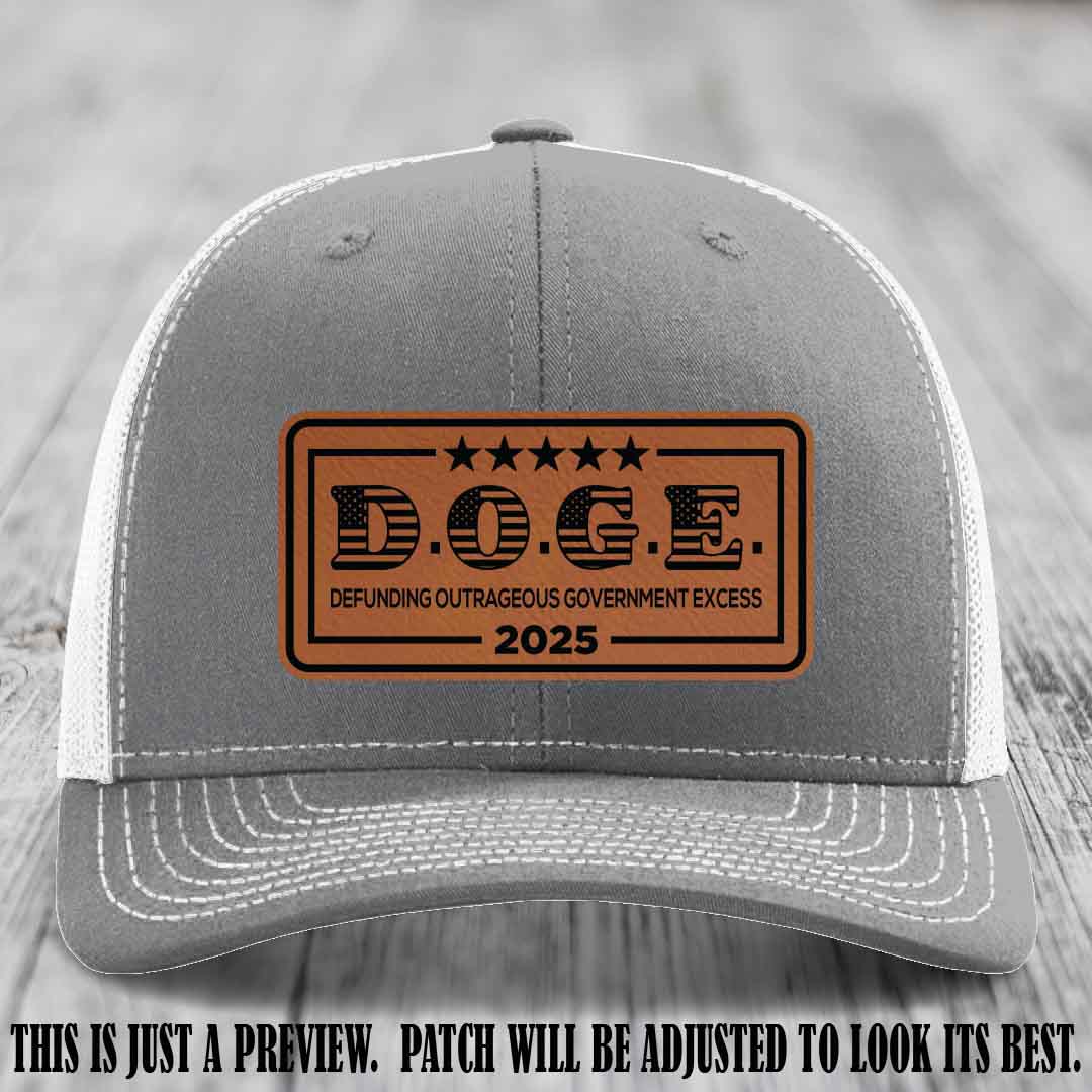 D.O.G.E. 2025 leather patch hat with rawhide to black patch on a heather grey to white hat
