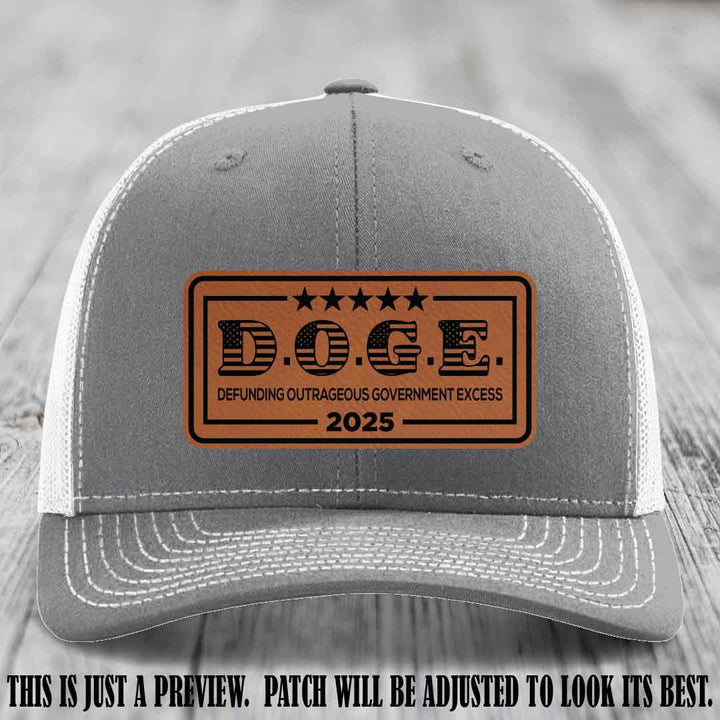 D.O.G.E. 2025 leather patch hat with rawhide to black patch on a heather grey to white hat