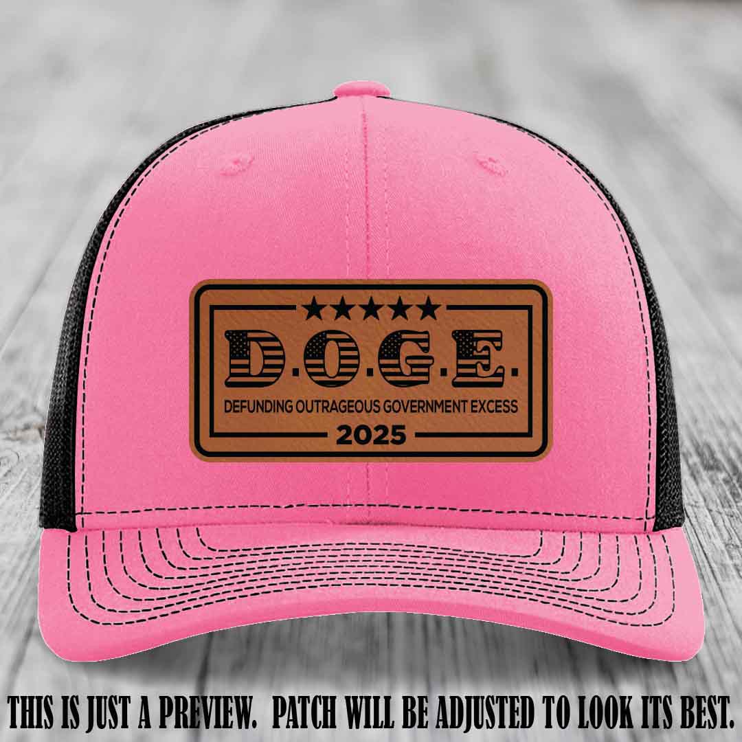 D.O.G.E. 2025 leather patch hat with rawhide to black patch on a hot pink to black hat