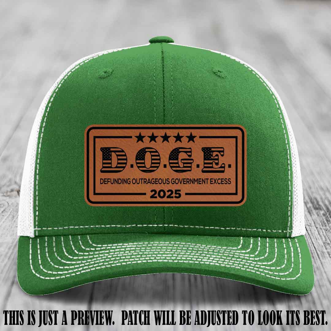 D.O.G.E. 2025 leather patch hat with rawhide to black patch on a kelly to white hat