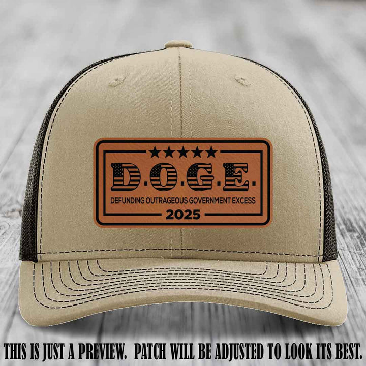 D.O.G.E. 2025 leather patch hat with rawhide to black patch on a khaki to coffee hat