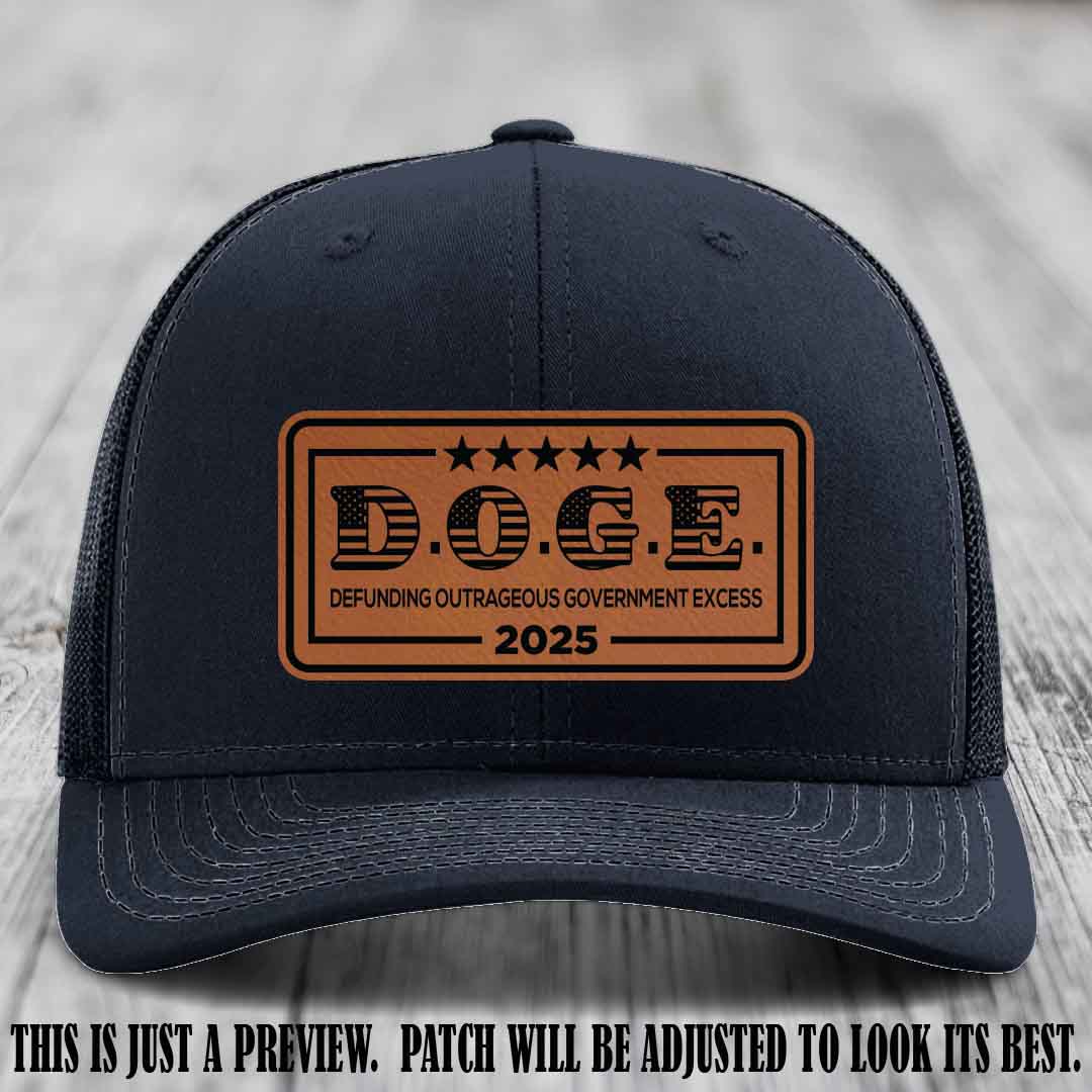 D.O.G.E. 2025 leather patch hat with rawhide to black patch on a navy hat