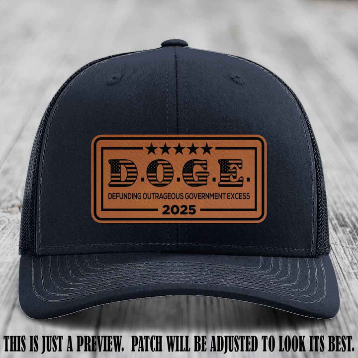 D.O.G.E. 2025 leather patch hat with rawhide to black patch on a navy hat