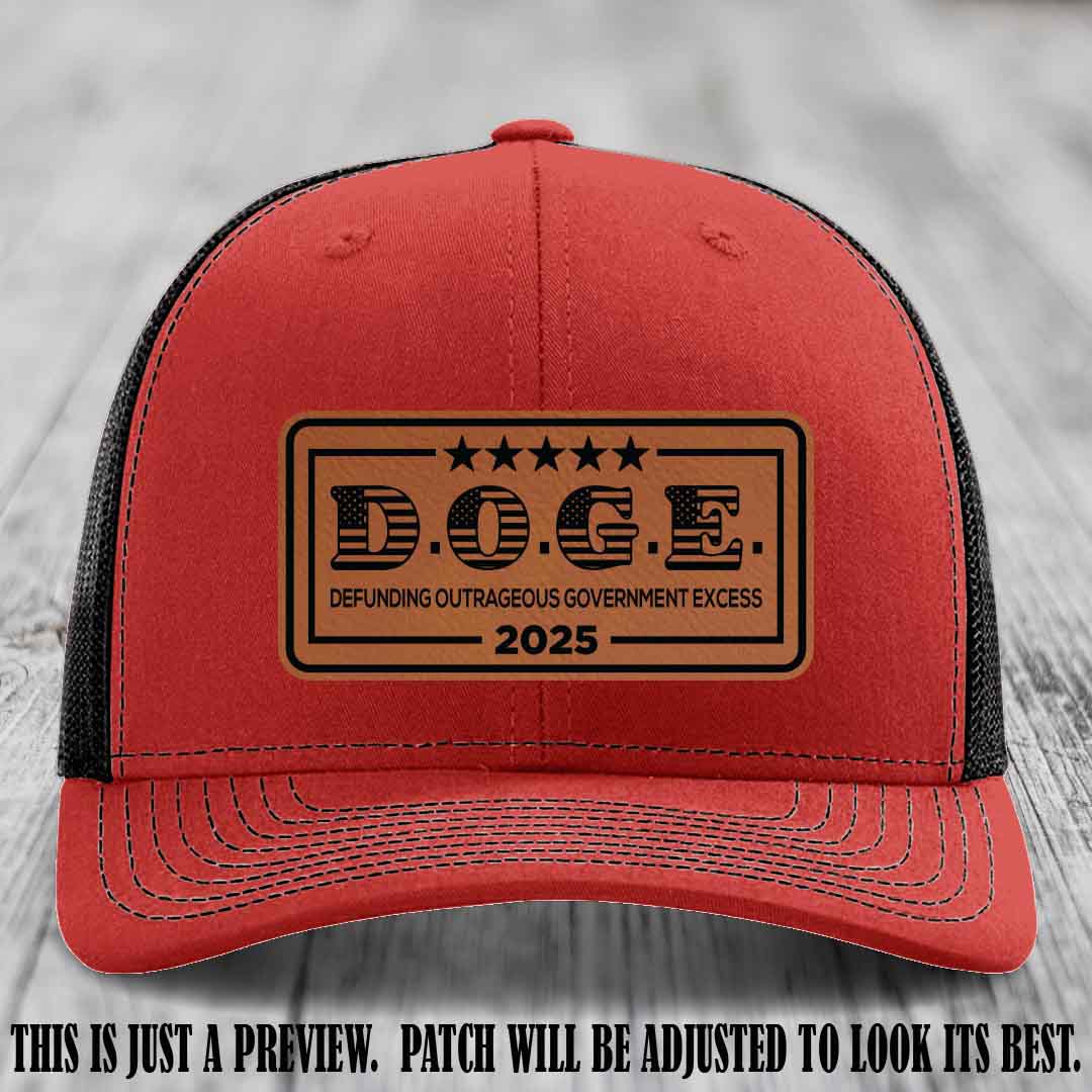 D.O.G.E. 2025 leather patch hat with rawhide to black patch on a red to black hat