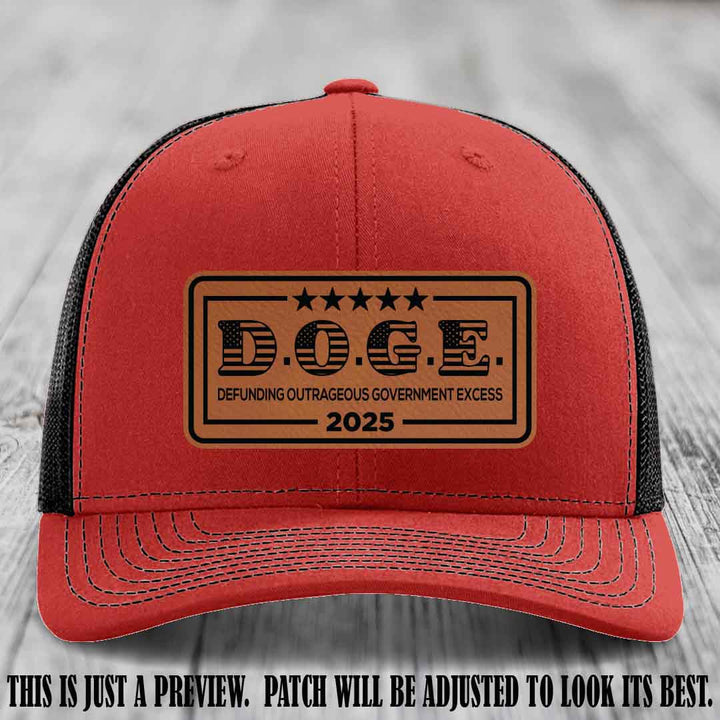 D.O.G.E. 2025 leather patch hat with rawhide to black patch on a red to black hat