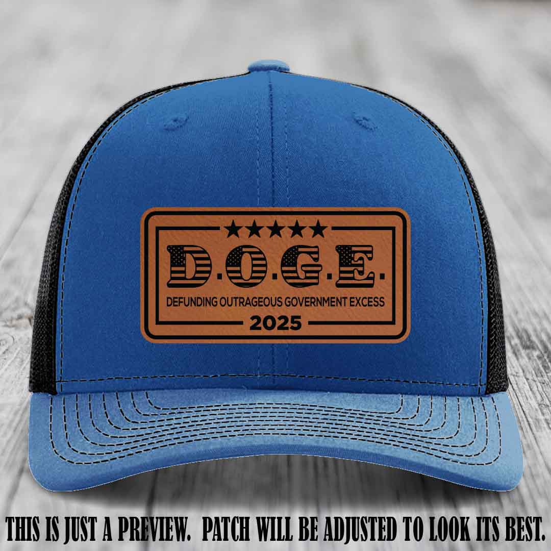 D.O.G.E. 2025 leather patch hat with rawhide to black patch on a royal to black hat
