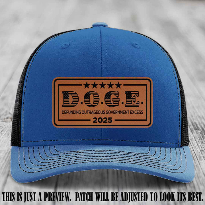 D.O.G.E. 2025 leather patch hat with rawhide to black patch on a royal to black hat
