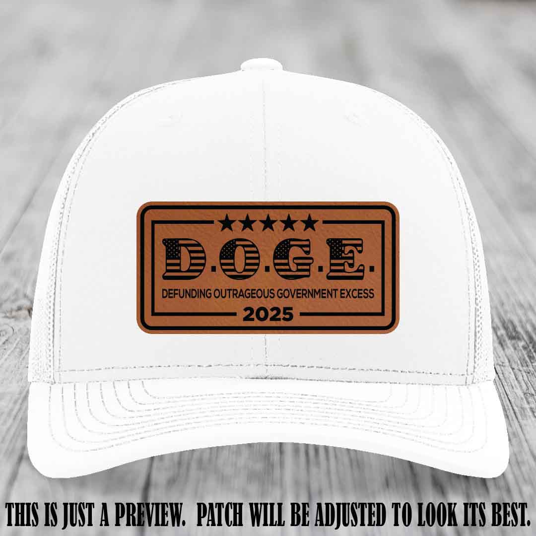 D.O.G.E. 2025 leather patch hat with rawhide to black patch on a white hat