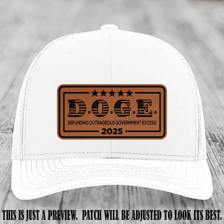 D.O.G.E. 2025 leather patch hat with rawhide to black patch on a white hat