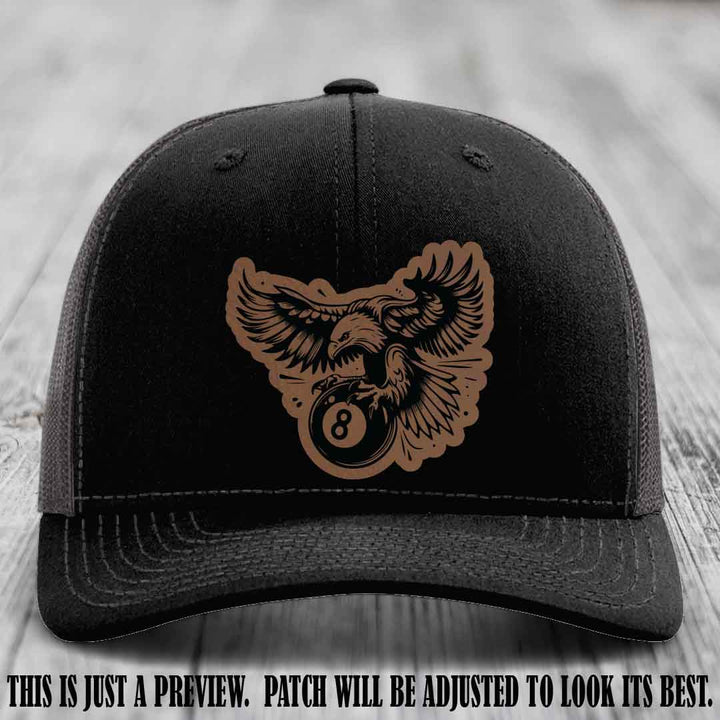 Eagle Eightball leather patch hat in Dark Brown to Black Patch on Black to Charcoal Hat