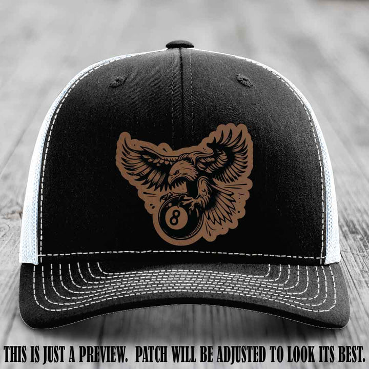 Eagle Eightball leather patch hat in Dark Brown to Black Patch on Black to White Hat