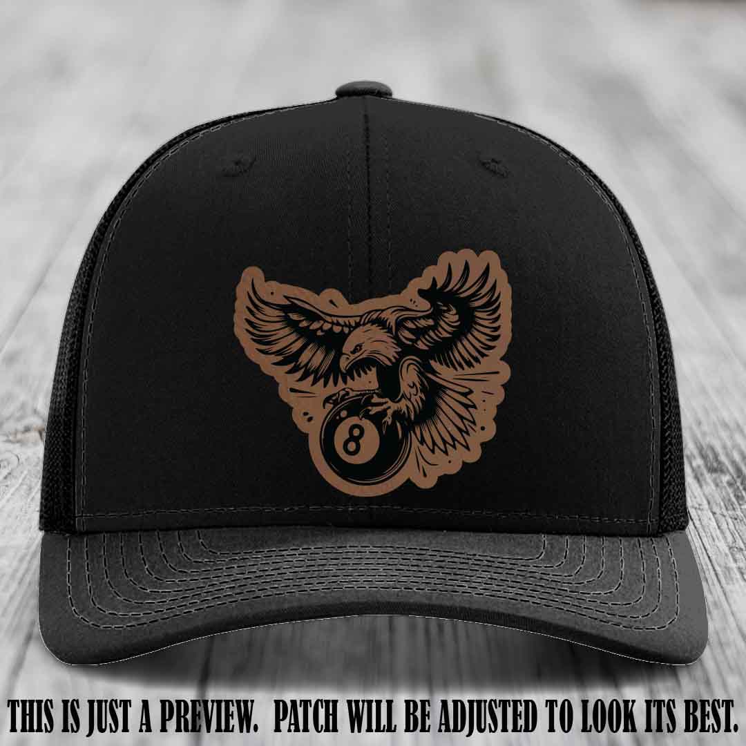 Eagle Eightball leather patch hat in Dark Brown to Black Patch on Black Hat
