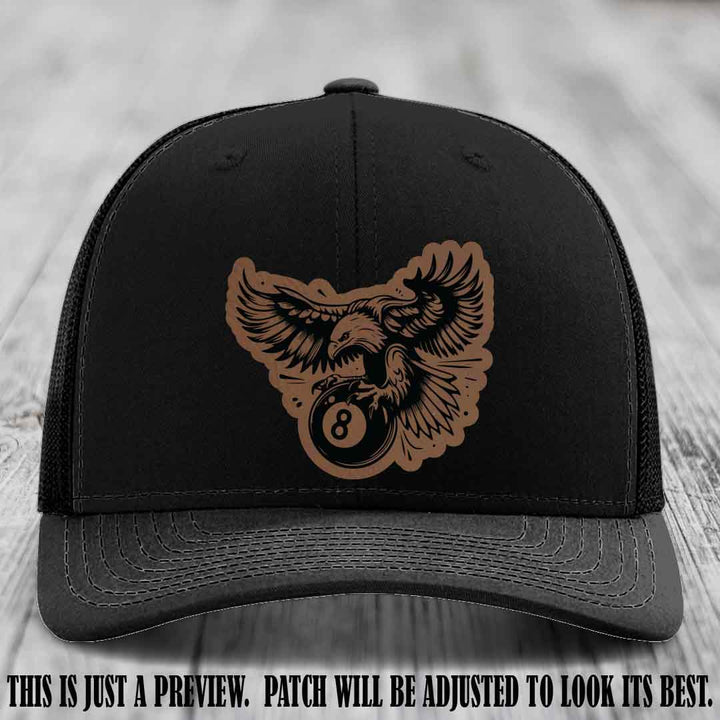 Eagle Eightball leather patch hat in Dark Brown to Black Patch on Black Hat
