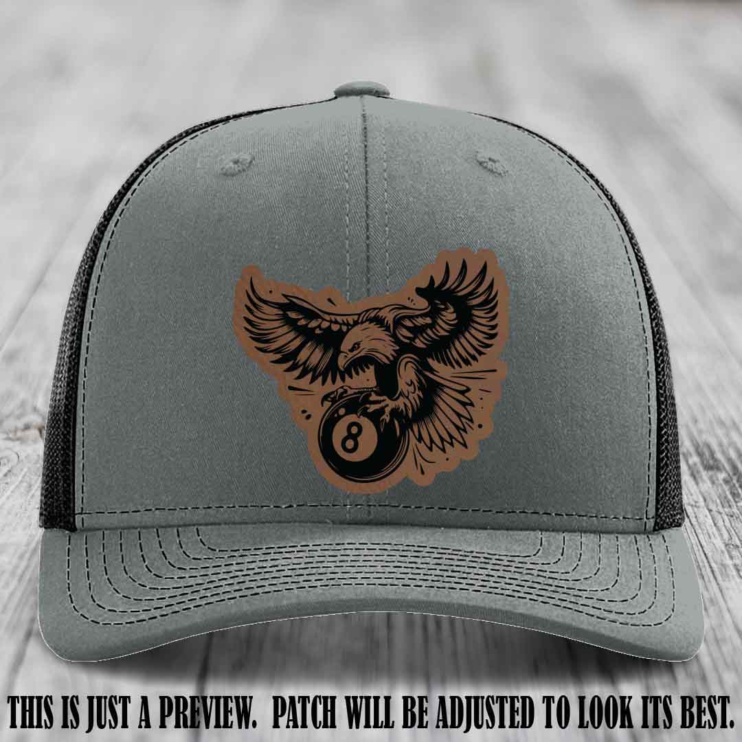 Eagle Eightball leather patch hat in Dark Brown to Black Patch on Heather Grey to Black Hat