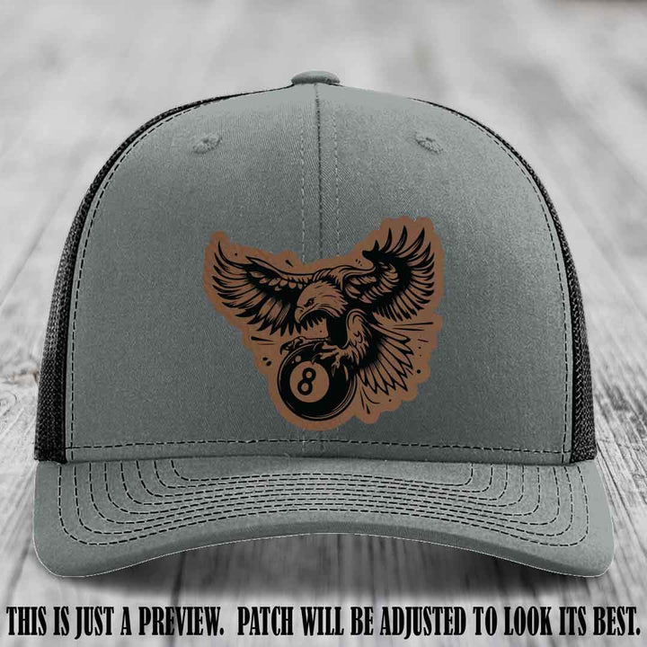 Eagle Eightball leather patch hat in Dark Brown to Black Patch on Heather Grey to Black Hat