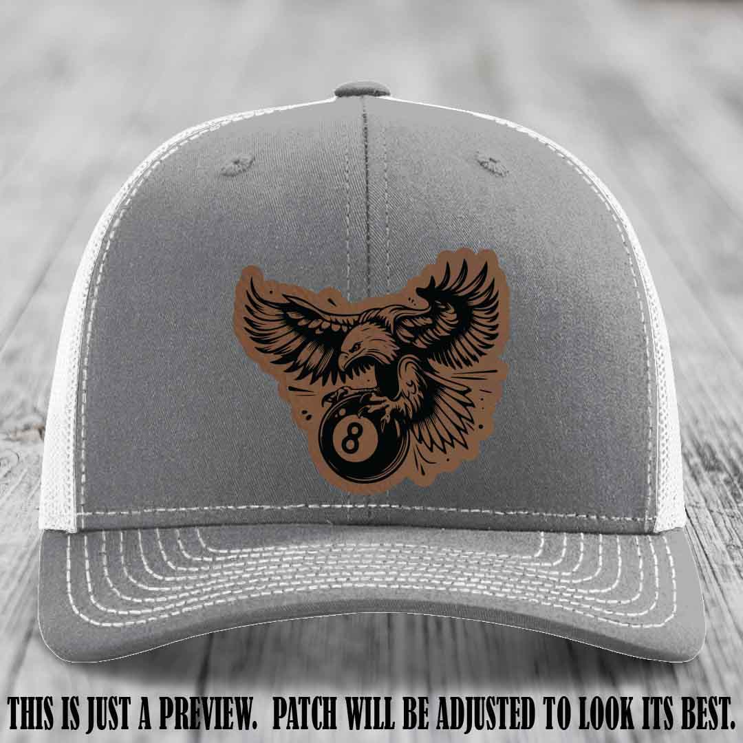 Eagle Eightball leather patch hat in Dark Brown to Black Patch on Heather Grey to White Hat