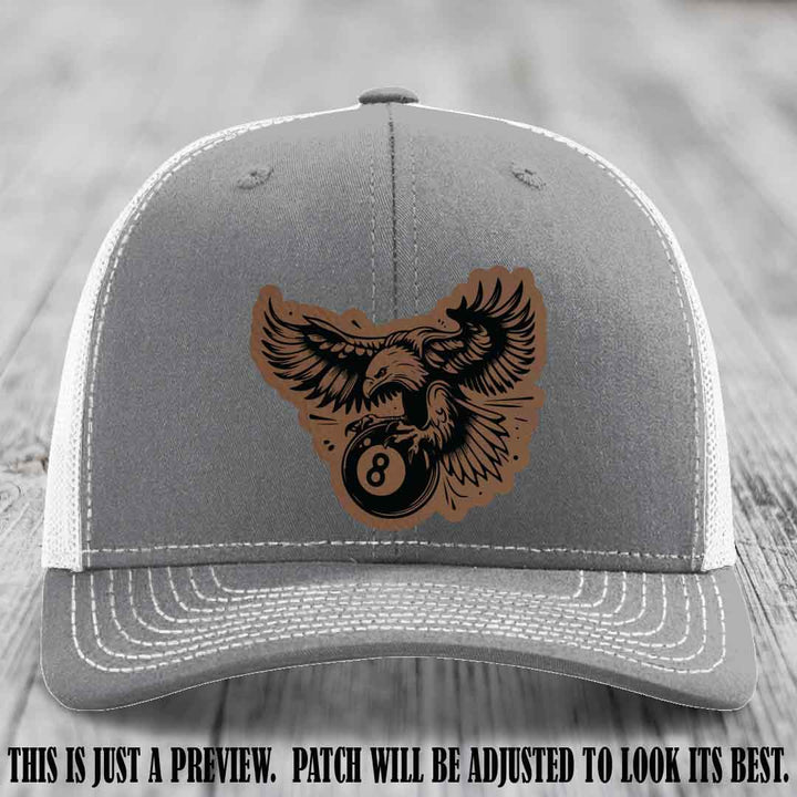 Eagle Eightball leather patch hat in Dark Brown to Black Patch on Heather Grey to White Hat