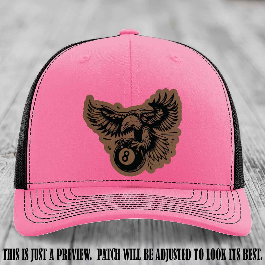 Eagle Eightball leather patch hat in Dark Brown to Black Patch on Hot Pink to Black Hat