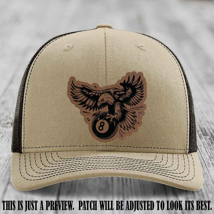Eagle Eightball leather patch hat in Dark Brown to Black Patch on Khaki to Coffee Hat