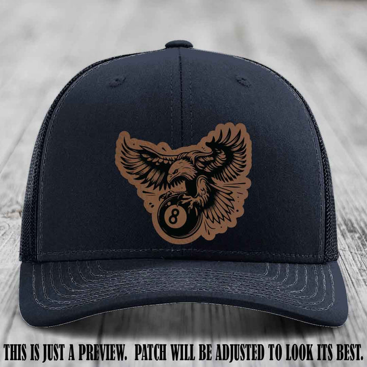 Eagle Eightball leather patch hat in Dark Brown to Black Patch on Navy Hat