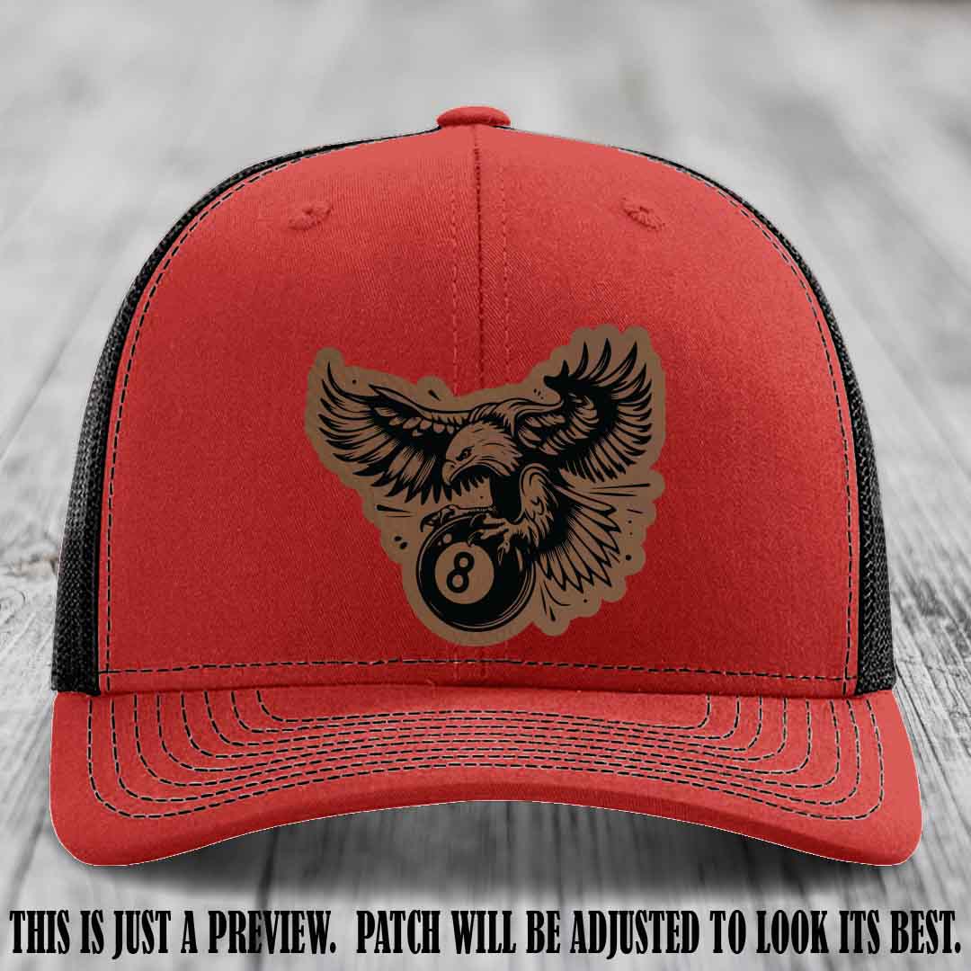 Eagle Eightball leather patch hat in Dark Brown to Black Patch on Red to Black Hat