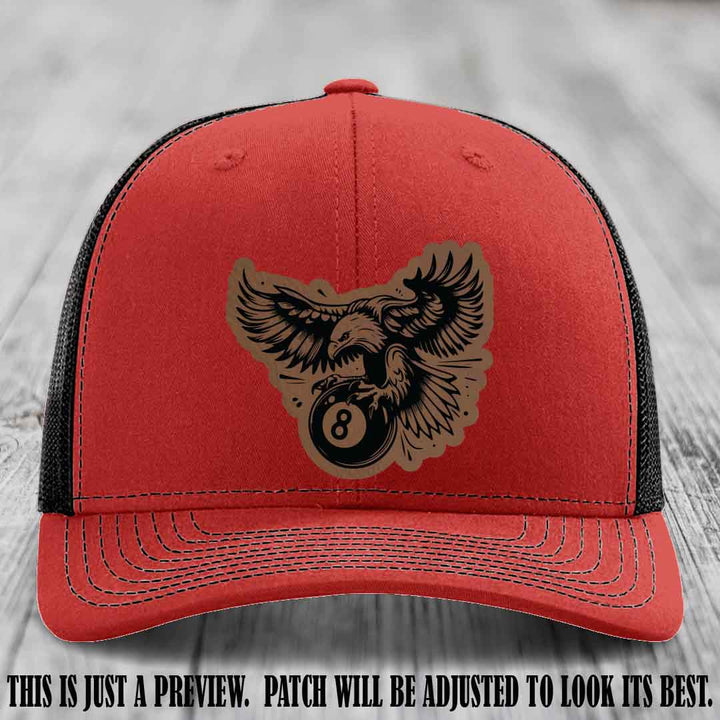 Eagle Eightball leather patch hat in Dark Brown to Black Patch on Red to Black Hat