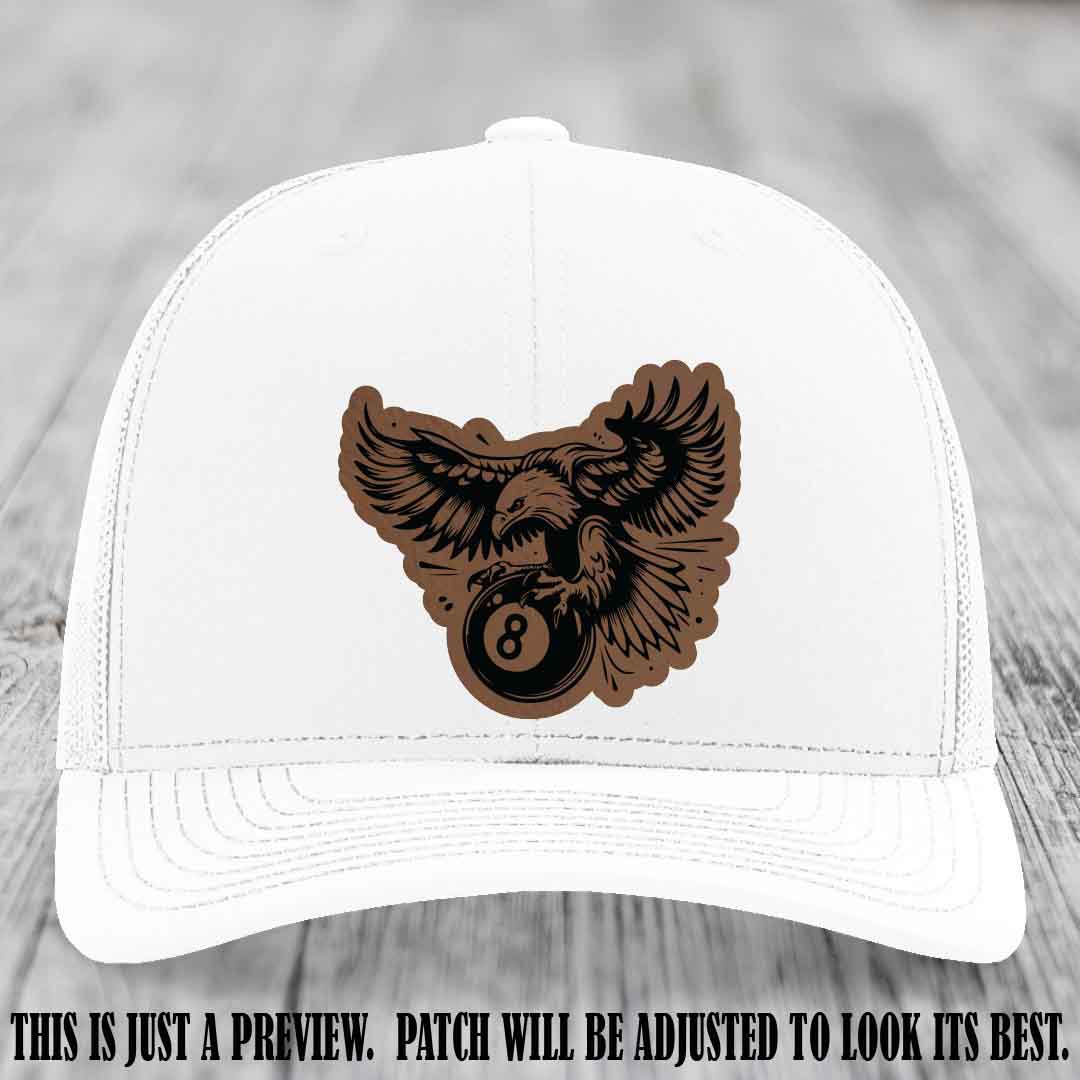 Eagle Eightball leather patch hat in Dark Brown to Black Patch on White Hat