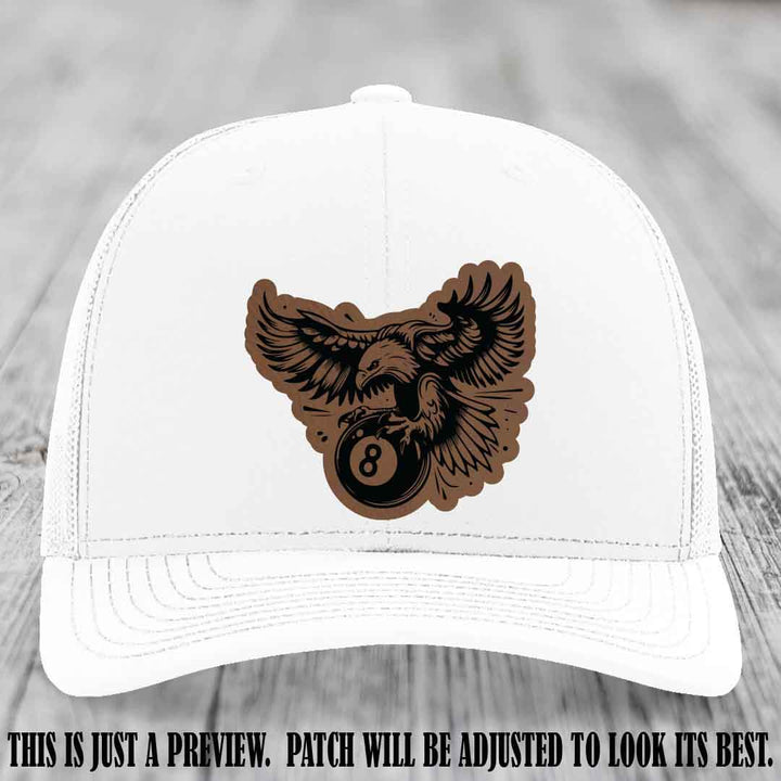 Eagle Eightball leather patch hat in Dark Brown to Black Patch on White Hat