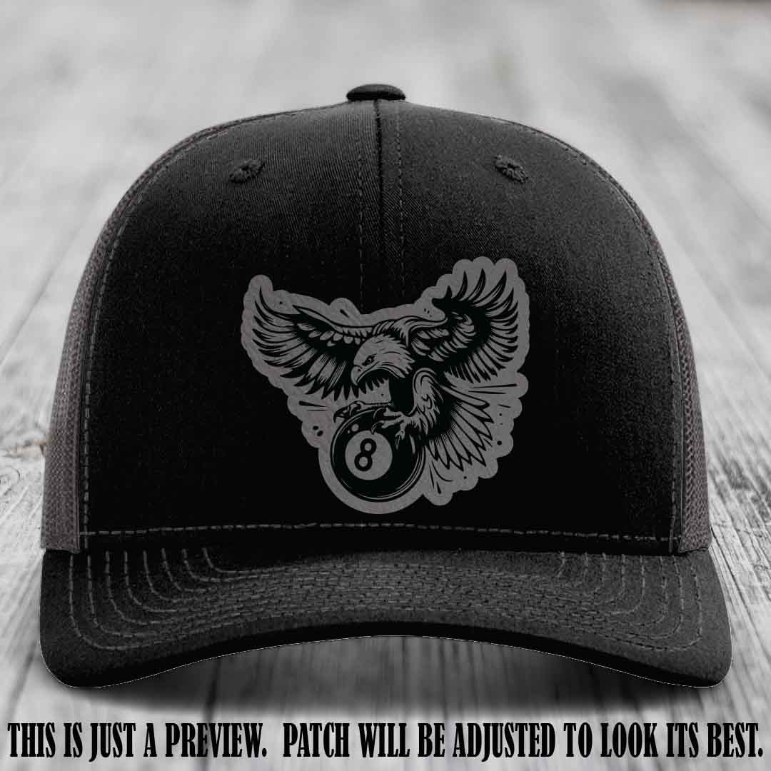 Eagle Eightball leather patch hat in Grey to Black Patch on Black to Charcoal Hat