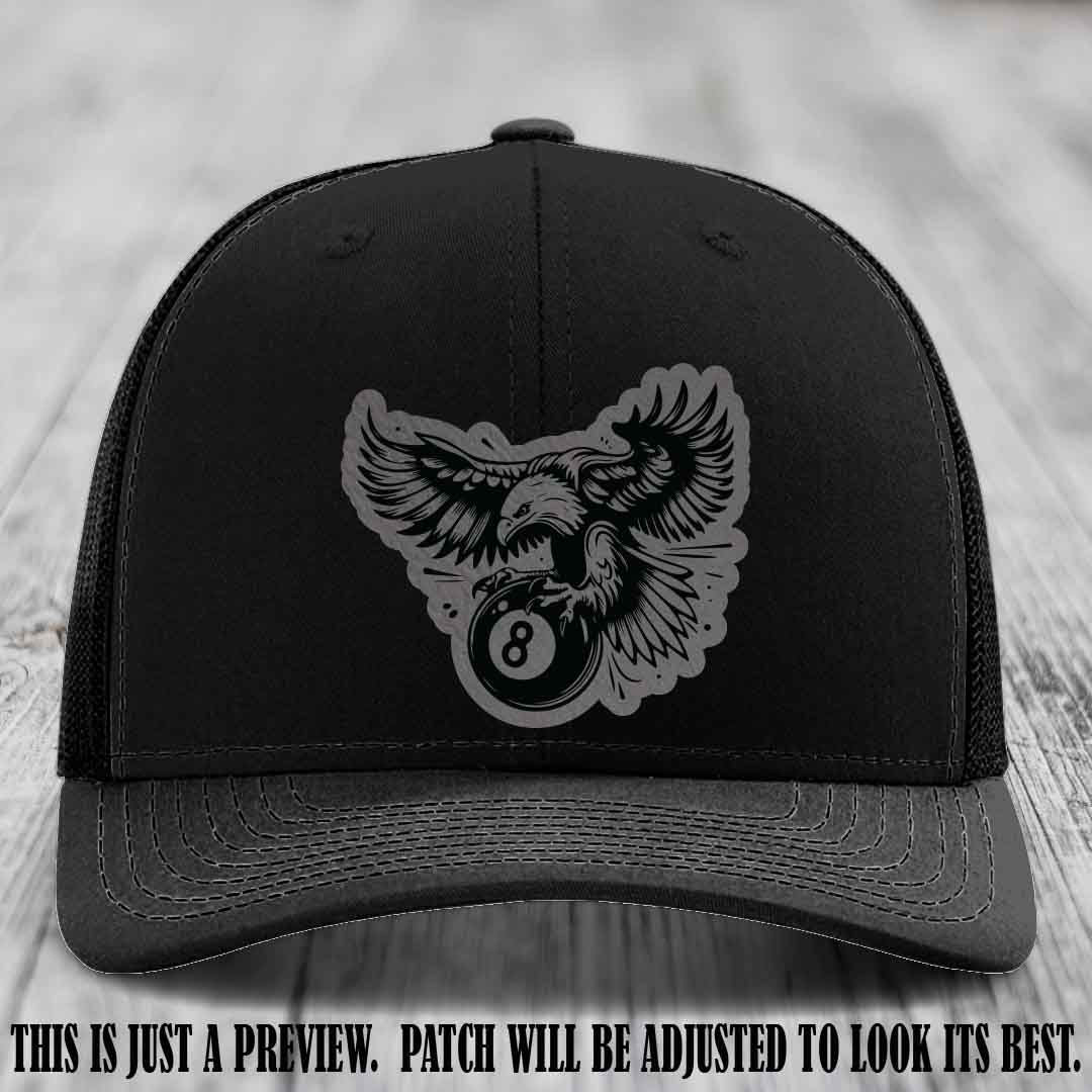 Eagle Eightball leather patch hat in Grey to Black Patch on Black Hat