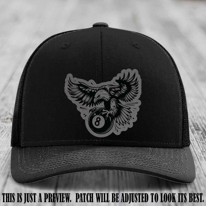 Eagle Eightball leather patch hat in Grey to Black Patch on Black Hat