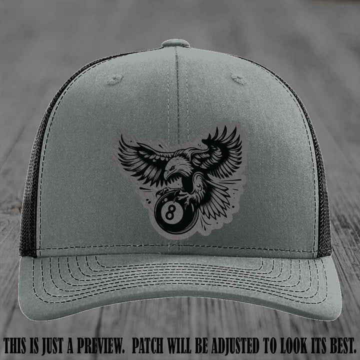 Eagle Eightball leather patch hat in Grey to Black Patch on Heather Grey to Black Hat