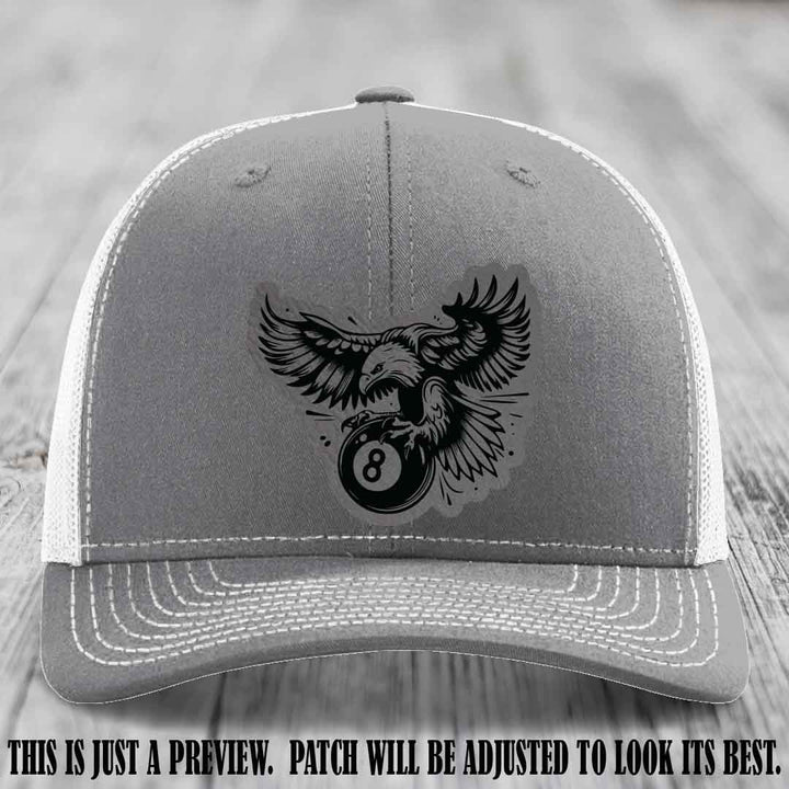 Eagle Eightball leather patch hat in Grey to Black Patch on Heather Grey to White Hat