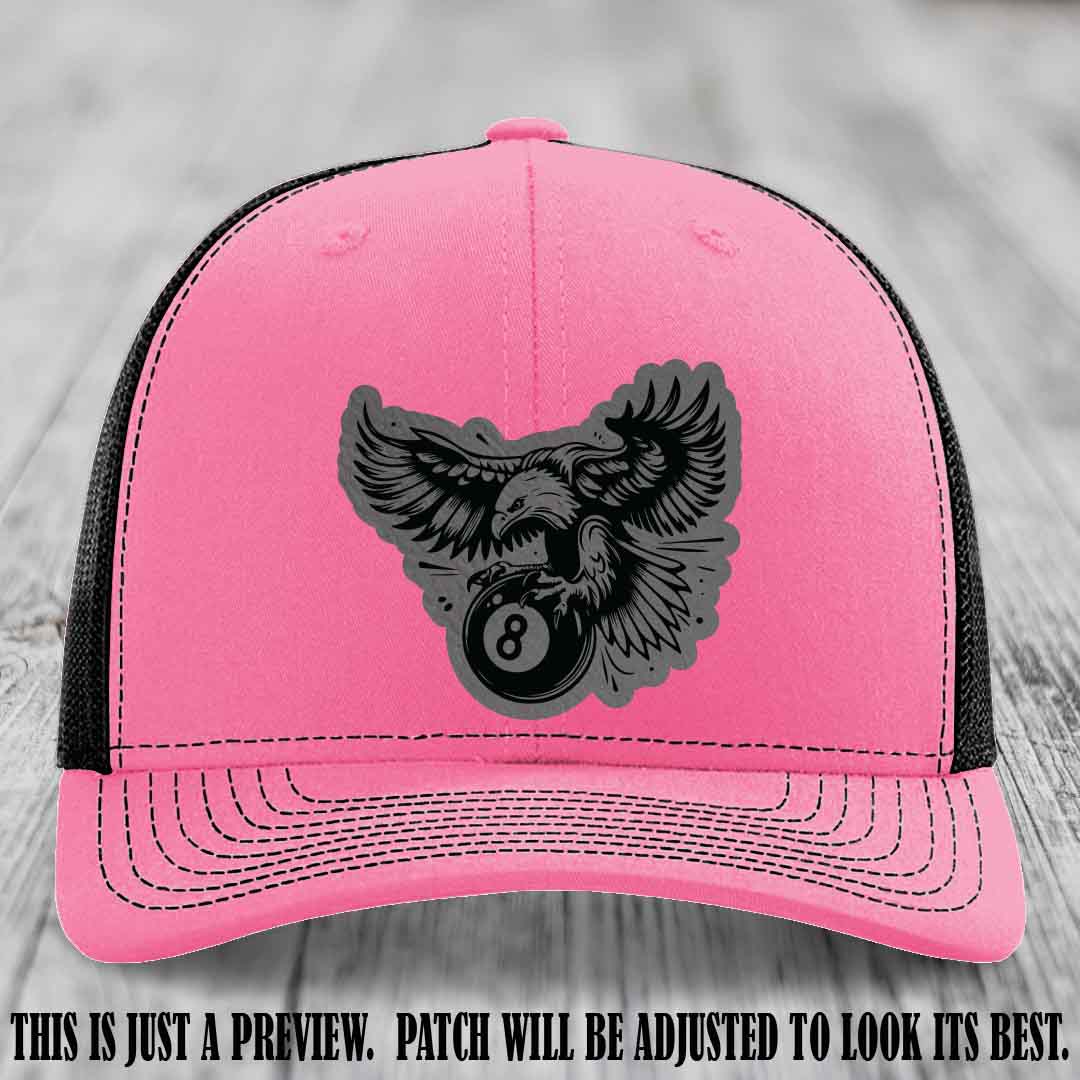 Eagle Eightball leather patch hat in Grey to Black Patch on Hot Pink to Black Hat
