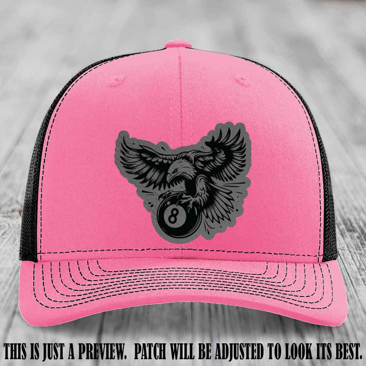 Eagle Eightball leather patch hat in Grey to Black Patch on Hot Pink to Black Hat