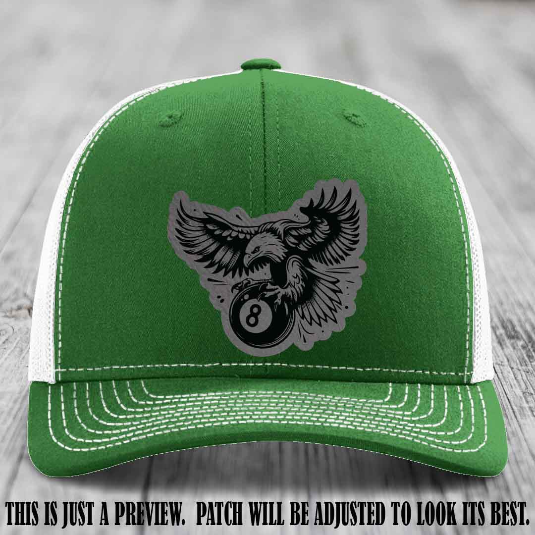 Eagle Eightball leather patch hat in Grey to Black Patch on Kelly to White Hat