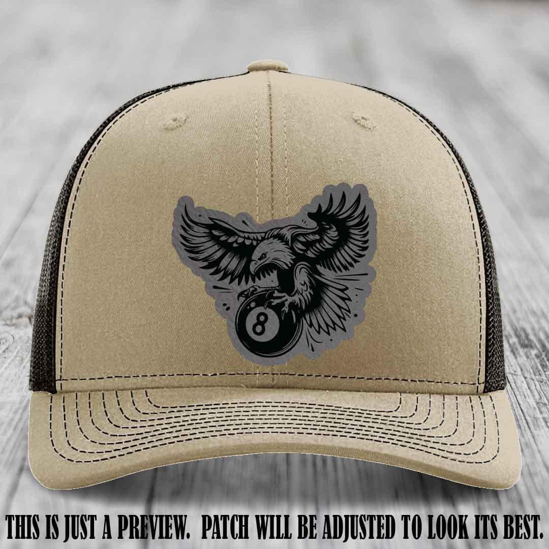 Eagle Eightball leather patch hat in Grey to Black Patch on Khaki to Coffee Hat