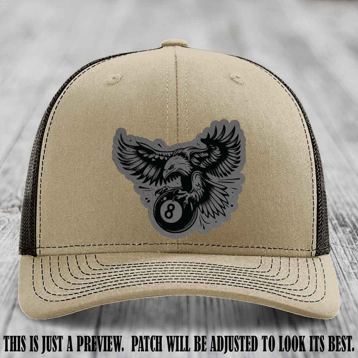 Eagle Eightball leather patch hat in Grey to Black Patch on Khaki to Coffee Hat