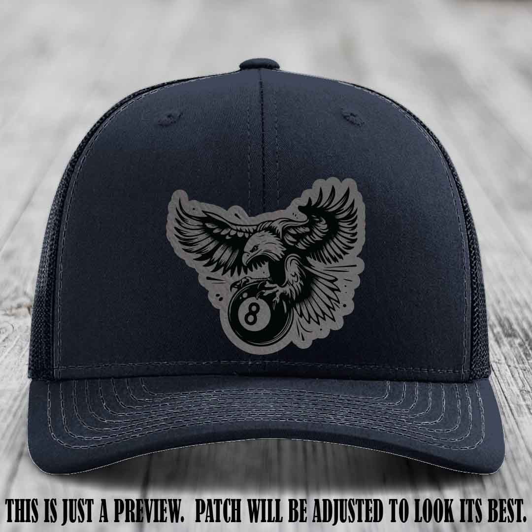 Eagle Eightball leather patch hat in Grey to Black Patch on Navy Hat