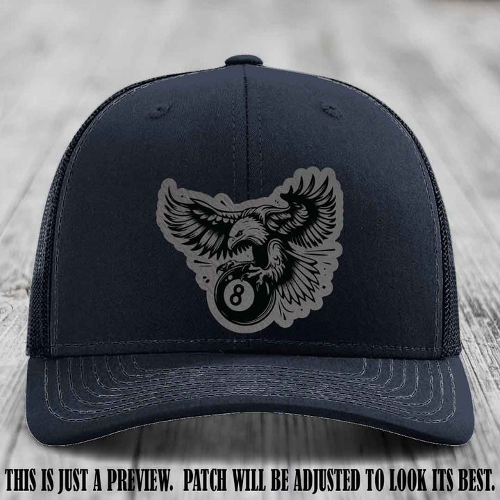 Eagle Eightball leather patch hat in Grey to Black Patch on Navy Hat